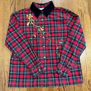 Casey & Max Vintage Holiday Christmas Red Plaid Button Down Poinsettia Medium